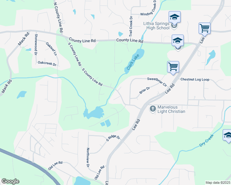 map of restaurants, bars, coffee shops, grocery stores, and more near 2089 South County Line Road in Lithia Springs