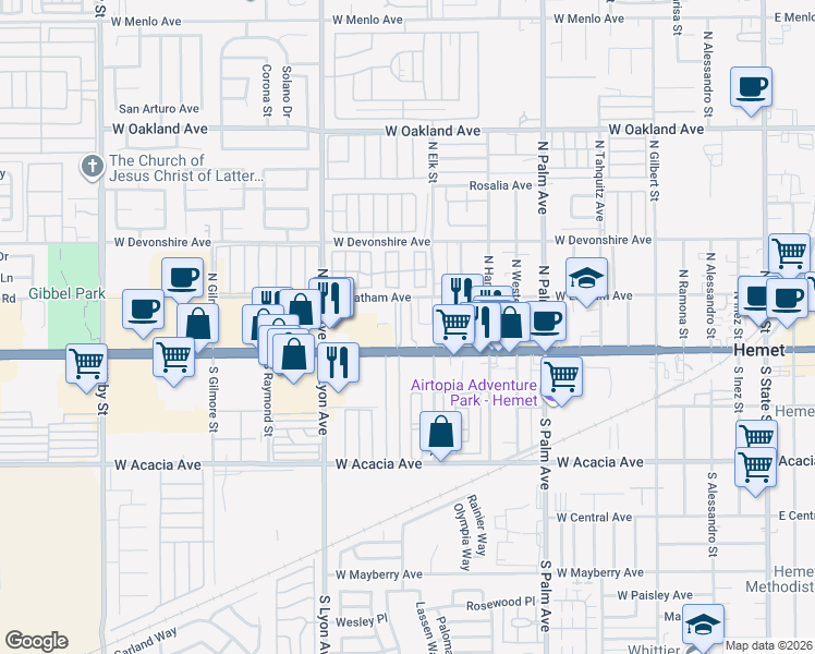 map of restaurants, bars, coffee shops, grocery stores, and more near 1380 West Florida Avenue in Hemet
