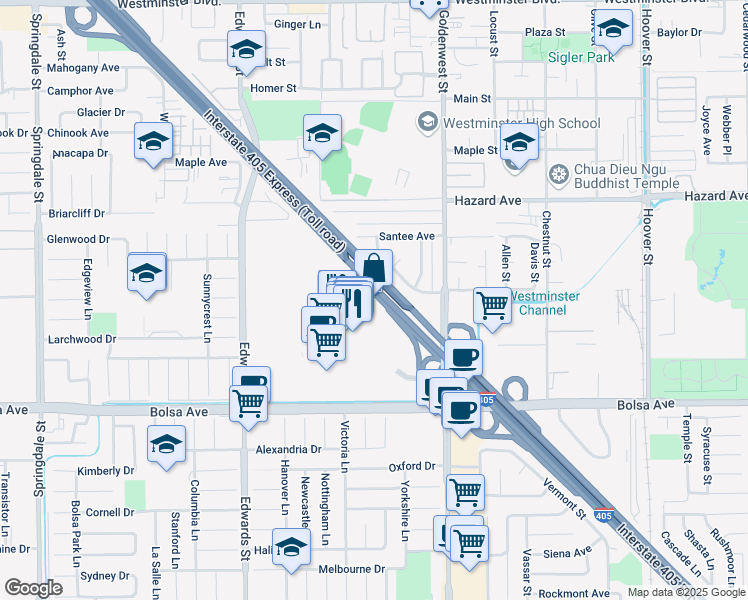 map of restaurants, bars, coffee shops, grocery stores, and more near Westminster Mall in Westminster
