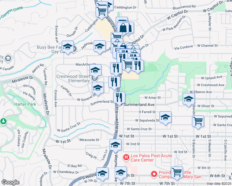 map of restaurants, bars, coffee shops, grocery stores, and more near 29601 South Western Avenue in Rancho Palos Verdes