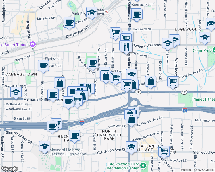 map of restaurants, bars, coffee shops, grocery stores, and more near 181 Flat Shoals Avenue Southeast in Atlanta