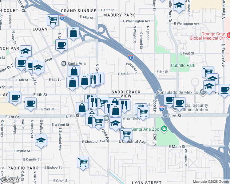 map of restaurants, bars, coffee shops, grocery stores, and more near 412 North Linwood Avenue in Santa Ana