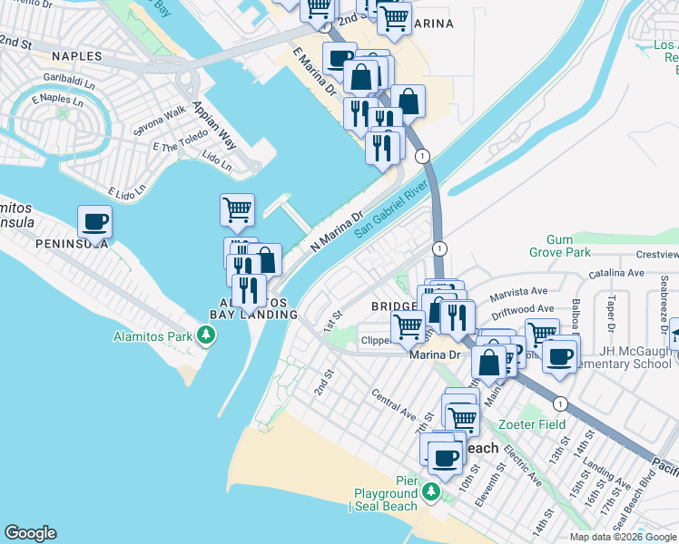 map of restaurants, bars, coffee shops, grocery stores, and more near 41 Riversea Road in Seal Beach