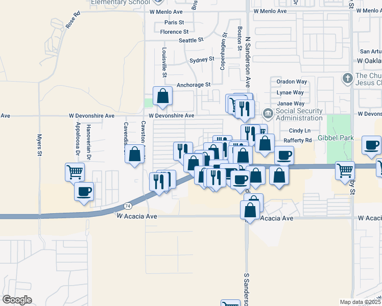 map of restaurants, bars, coffee shops, grocery stores, and more near D Street in Hemet