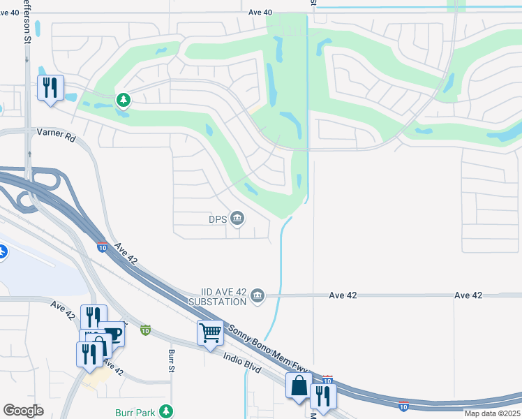 map of restaurants, bars, coffee shops, grocery stores, and more near 80844 Camino Santa Elise in Indio