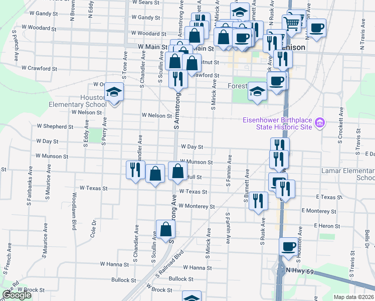 map of restaurants, bars, coffee shops, grocery stores, and more near 722 Doty Lane in Denison