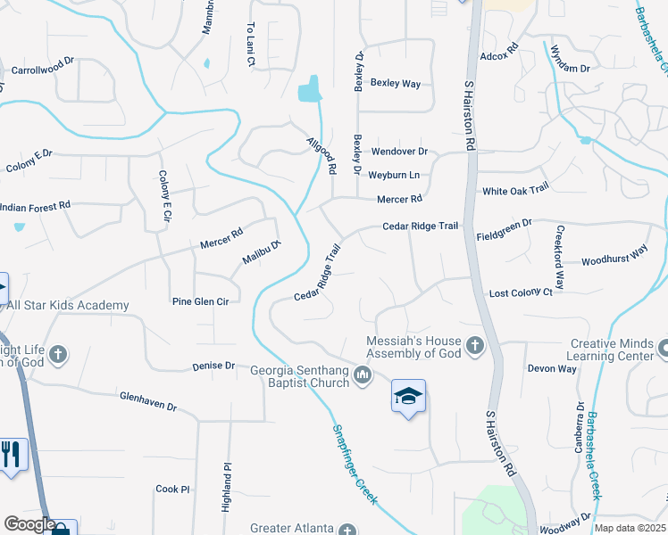 map of restaurants, bars, coffee shops, grocery stores, and more near 4501 Cedar Ridge Trail in Stone Mountain