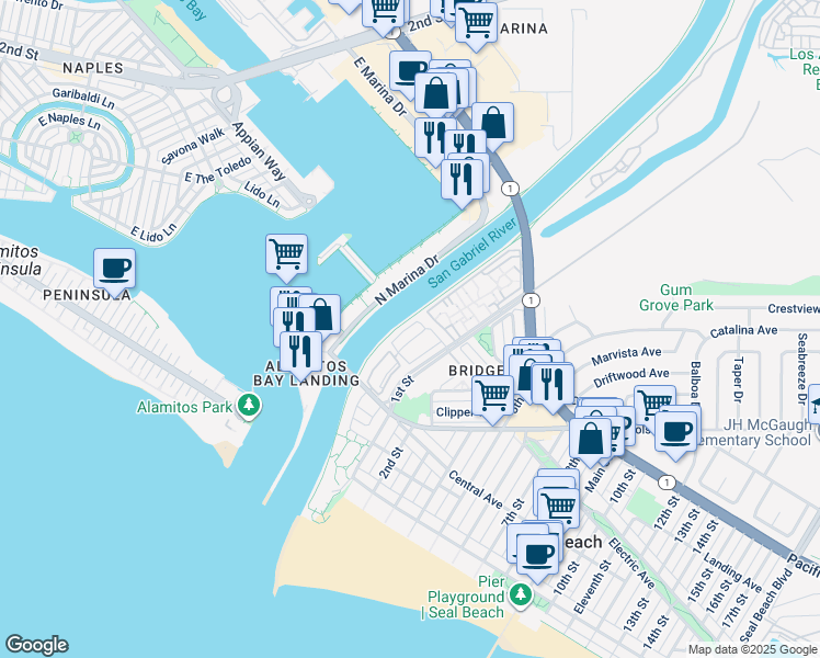 map of restaurants, bars, coffee shops, grocery stores, and more near 85 Riversea Road in Seal Beach