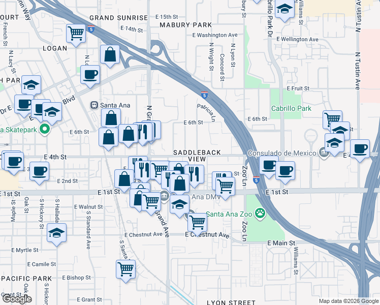 map of restaurants, bars, coffee shops, grocery stores, and more near 412 North Linwood Avenue in Santa Ana