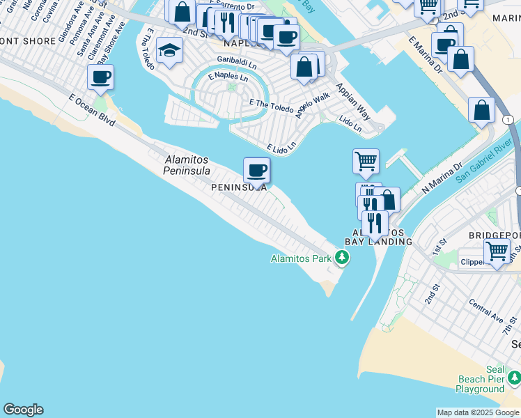 map of restaurants, bars, coffee shops, grocery stores, and more near 53 63rd Place in Long Beach