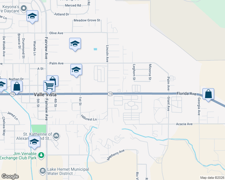 map of restaurants, bars, coffee shops, grocery stores, and more near 44518 California 74 in Hemet