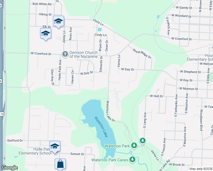 map of restaurants, bars, coffee shops, grocery stores, and more near 2311 Brookhaven Drive in Denison