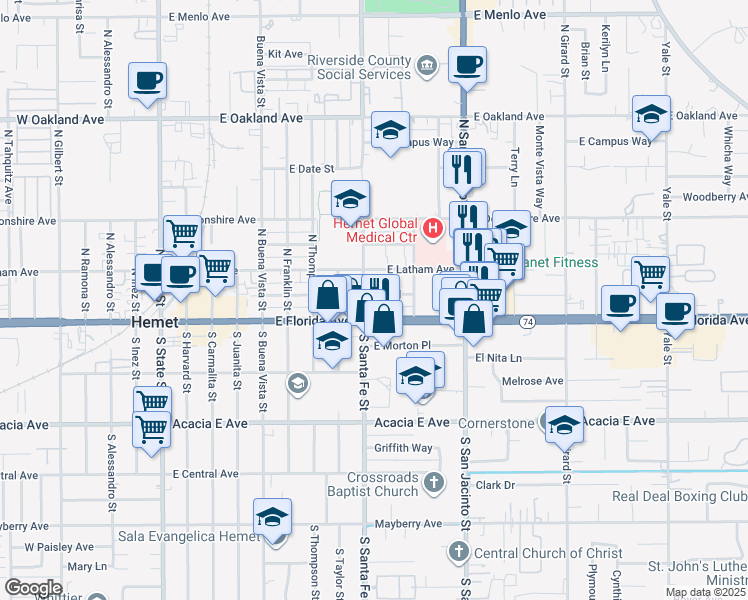 map of restaurants, bars, coffee shops, grocery stores, and more near 118 North Santa Fe Street in Hemet