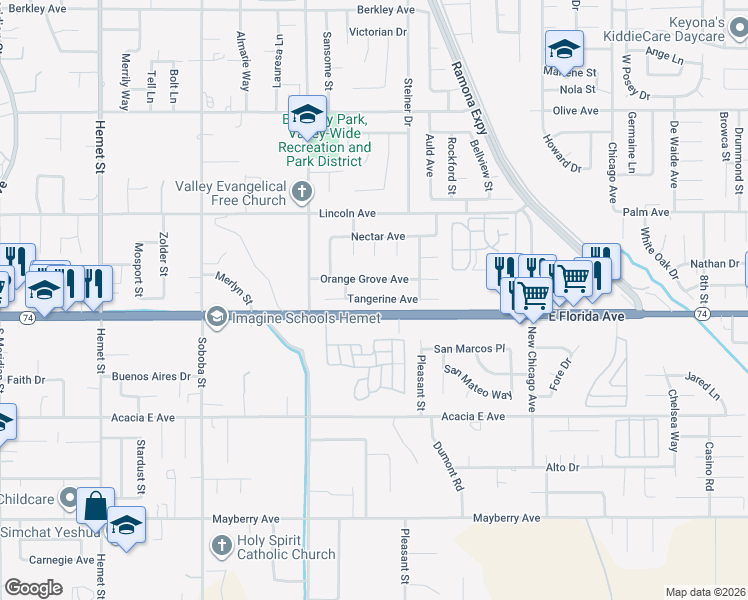 map of restaurants, bars, coffee shops, grocery stores, and more near 5451 Tangerine Avenue in Hemet