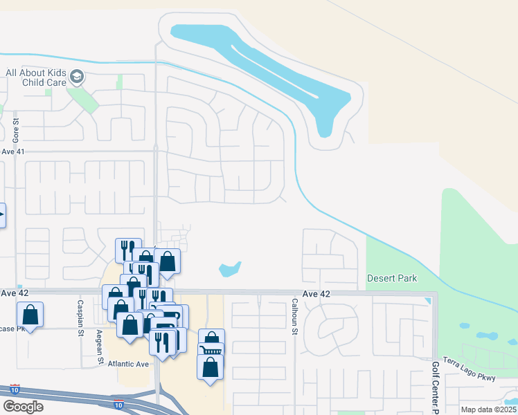 map of restaurants, bars, coffee shops, grocery stores, and more near 83369 Greenbrier Drive in Indio