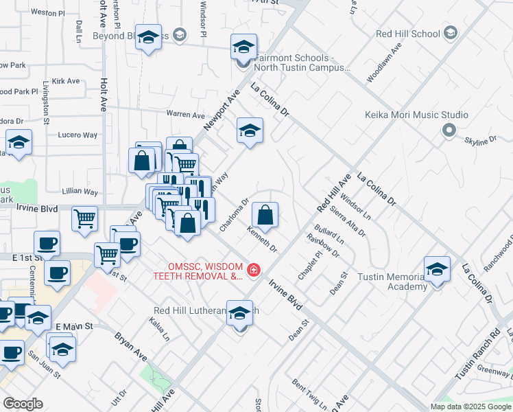 map of restaurants, bars, coffee shops, grocery stores, and more near 1301 Cameo Drive in Tustin