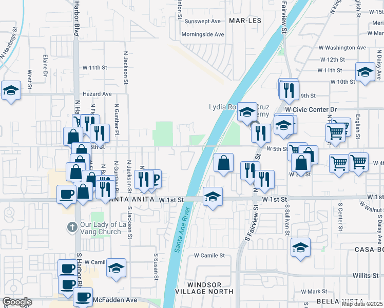 map of restaurants, bars, coffee shops, grocery stores, and more near 3028 Mary Common in Santa Ana