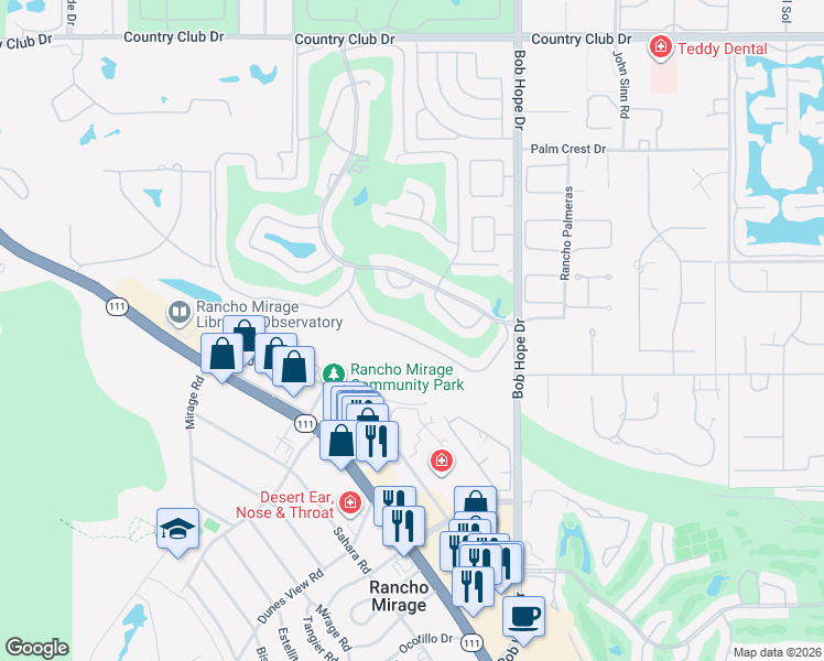 map of restaurants, bars, coffee shops, grocery stores, and more near 42 Majorca Drive in Rancho Mirage