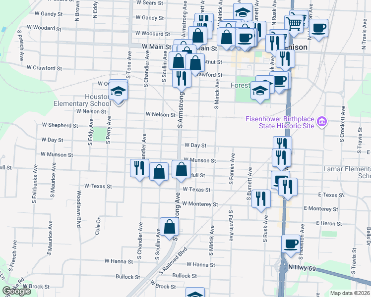 map of restaurants, bars, coffee shops, grocery stores, and more near 722 Doty Lane in Denison