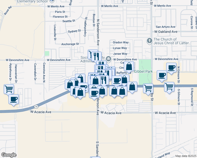 map of restaurants, bars, coffee shops, grocery stores, and more near 2 North Sanderson Avenue in Hemet