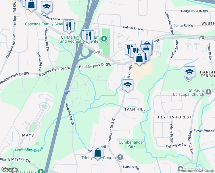 map of restaurants, bars, coffee shops, grocery stores, and more near 3164 Cushman Circle Southwest in Atlanta