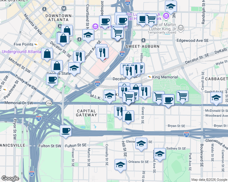 map of restaurants, bars, coffee shops, grocery stores, and more near 236 Martin Luther King Junior Drive Southeast in Atlanta