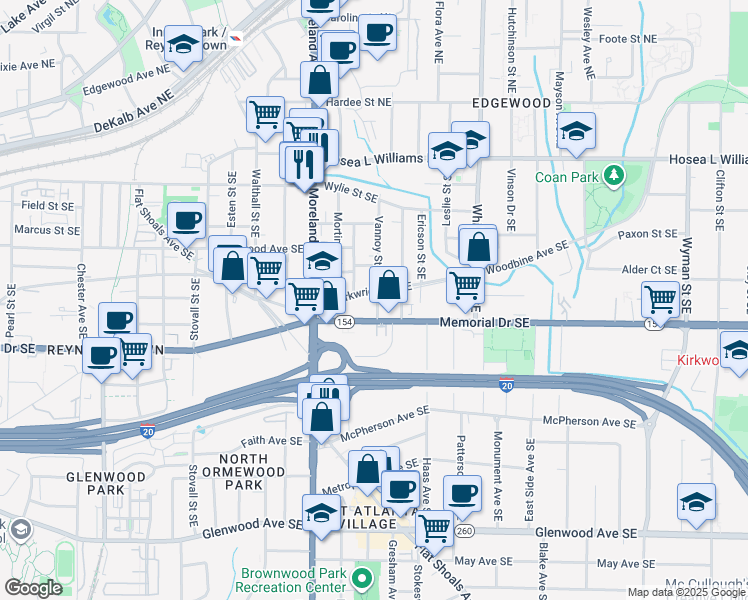map of restaurants, bars, coffee shops, grocery stores, and more near 1249 Arkwright Place Southeast in Atlanta
