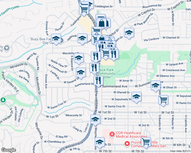 map of restaurants, bars, coffee shops, grocery stores, and more near 29601 California 213 in Rancho Palos Verdes