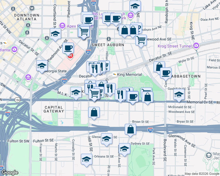 map of restaurants, bars, coffee shops, grocery stores, and more near 240 Grant Street Southeast in Atlanta