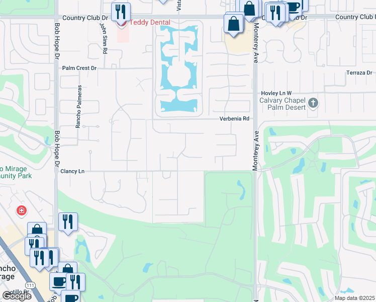 map of restaurants, bars, coffee shops, grocery stores, and more near 3 Mozart Lane in Rancho Mirage