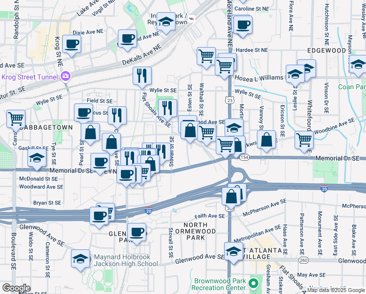 map of restaurants, bars, coffee shops, grocery stores, and more near 205 Wilbur Avenue Southeast in Atlanta