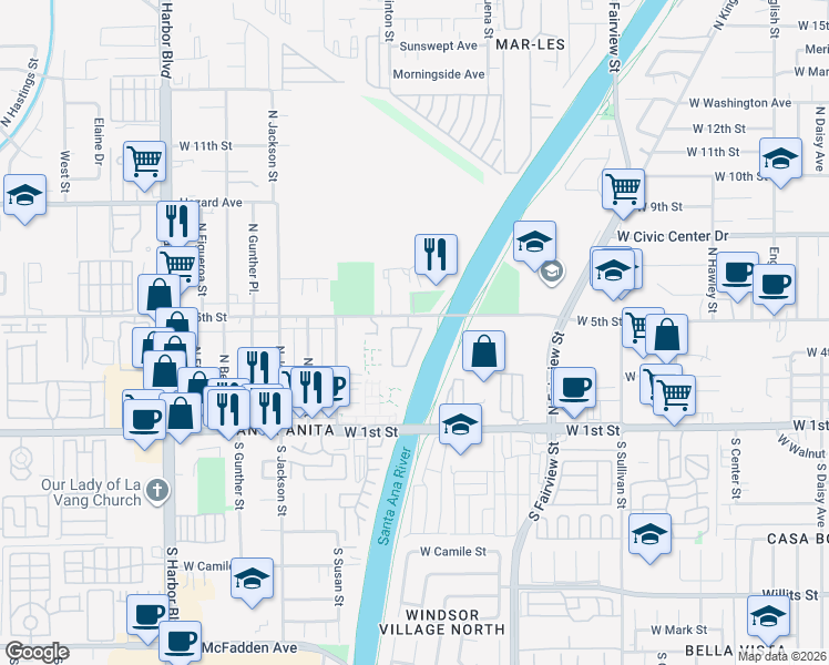 map of restaurants, bars, coffee shops, grocery stores, and more near 3028 Mary Common in Santa Ana