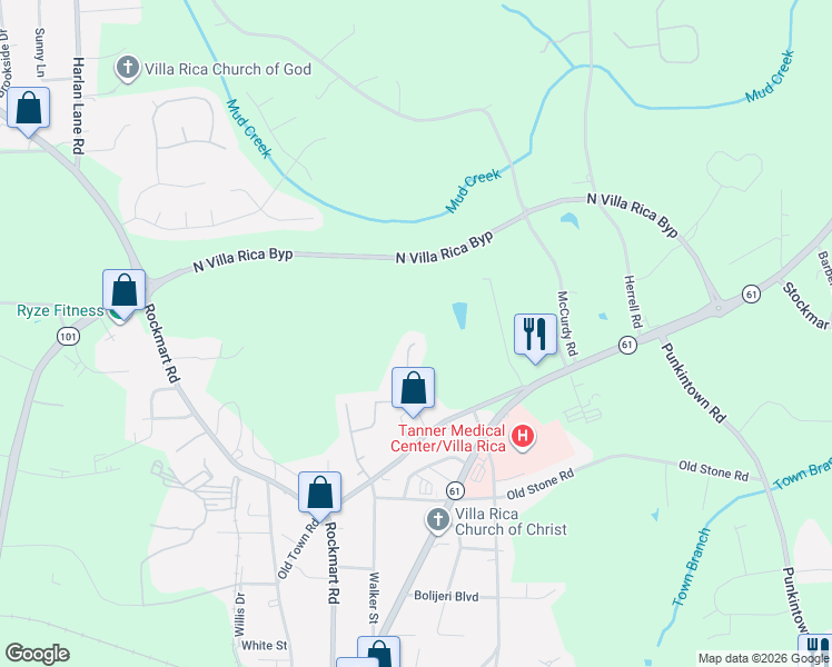 map of restaurants, bars, coffee shops, grocery stores, and more near 566 Vandenburg Drive in Villa Rica