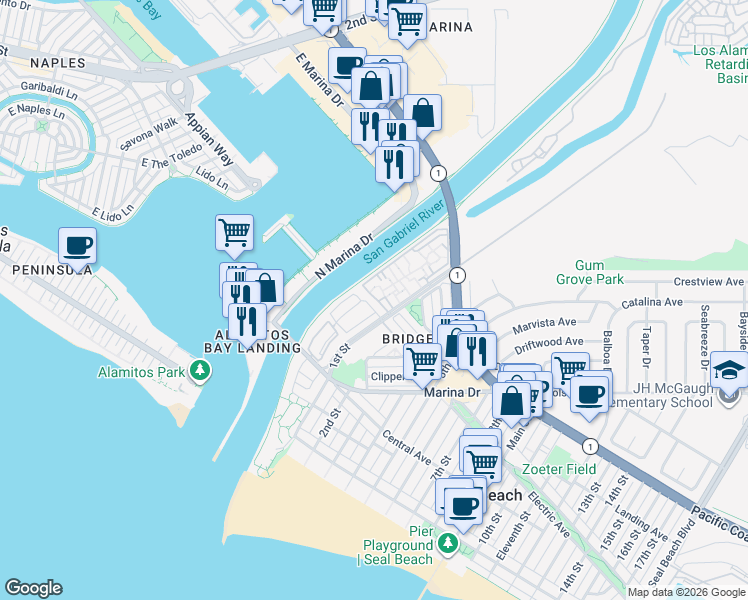 map of restaurants, bars, coffee shops, grocery stores, and more near 333 1st Street in Seal Beach