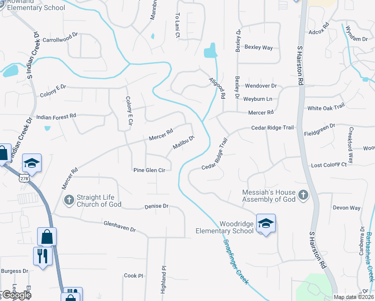 map of restaurants, bars, coffee shops, grocery stores, and more near 1508 Malibu Court in Decatur
