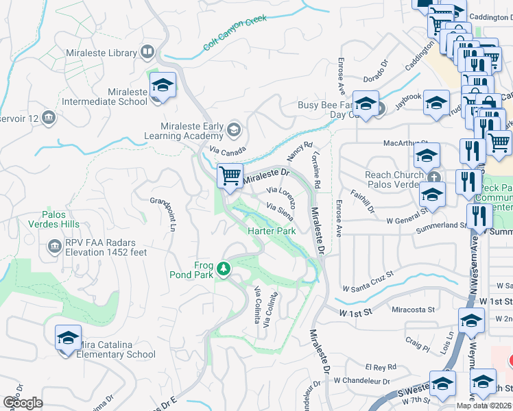 map of restaurants, bars, coffee shops, grocery stores, and more near 6432 Bramante Plaza in Rancho Palos Verdes