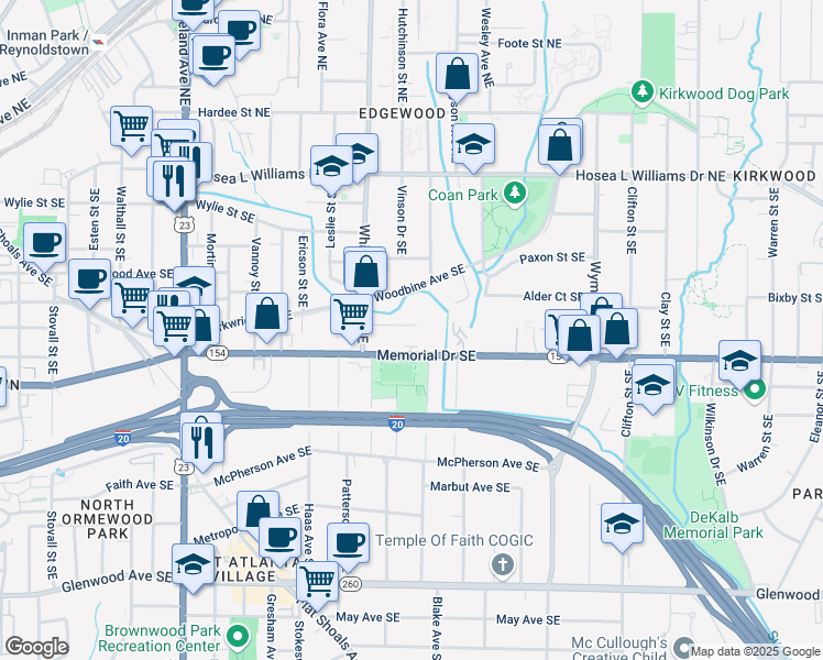 map of restaurants, bars, coffee shops, grocery stores, and more near 1435 Vaughn Street Southeast in Atlanta