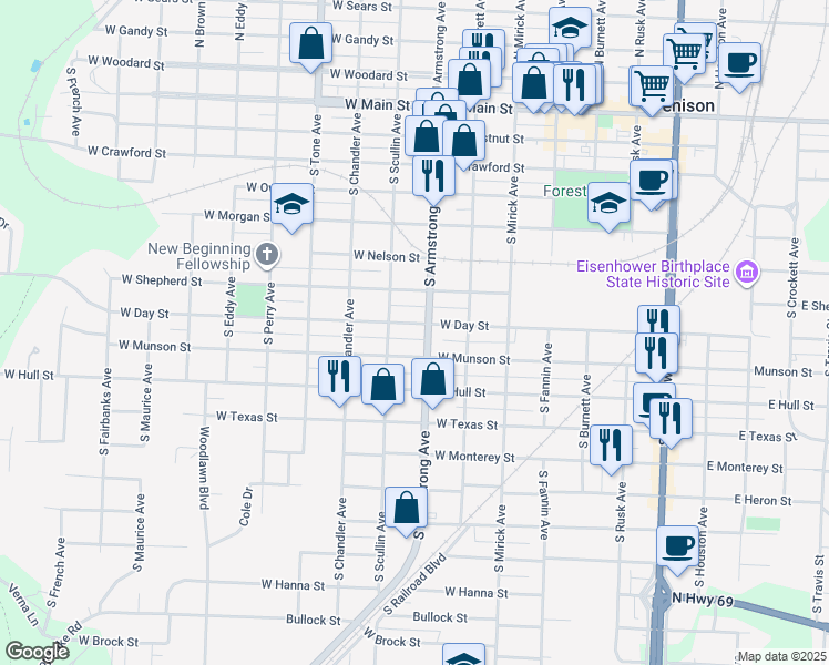 map of restaurants, bars, coffee shops, grocery stores, and more near 820 West Day Street in Denison
