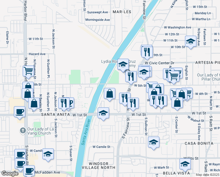 map of restaurants, bars, coffee shops, grocery stores, and more near 2818 West 5th Street in Santa Ana