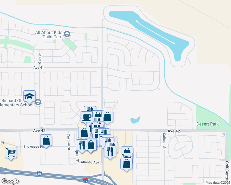 map of restaurants, bars, coffee shops, grocery stores, and more near 83079 Greenbrier Drive in Indio