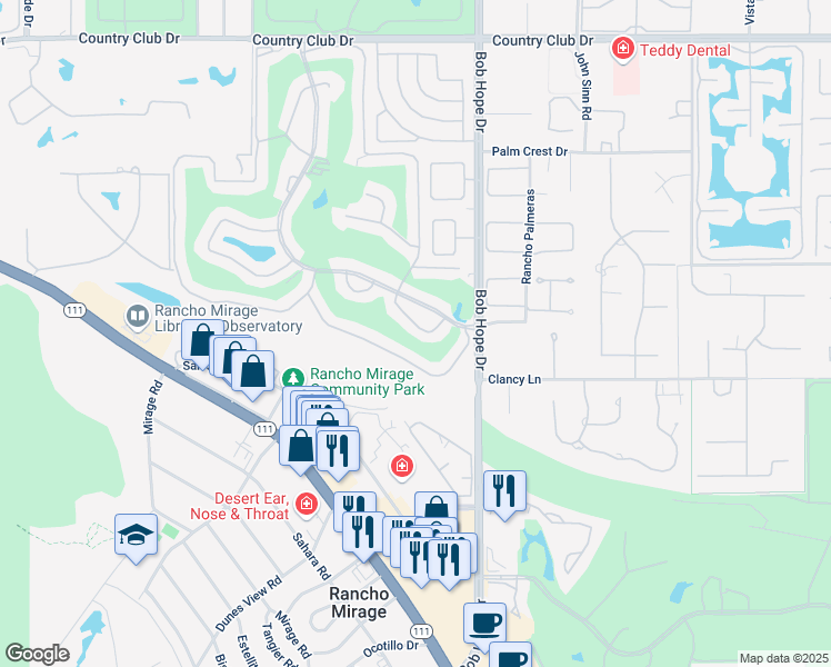 map of restaurants, bars, coffee shops, grocery stores, and more near 17 Malaga Drive in Rancho Mirage