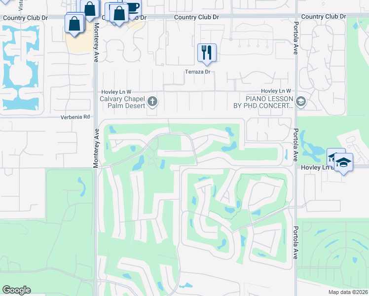 map of restaurants, bars, coffee shops, grocery stores, and more near 288 Cordoba Way in Palm Desert