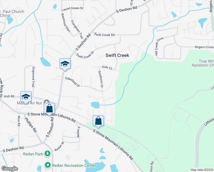 map of restaurants, bars, coffee shops, grocery stores, and more near 1480 Smithson Drive in Lithonia
