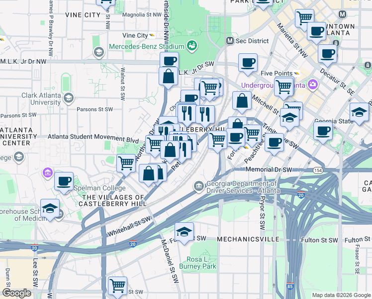 map of restaurants, bars, coffee shops, grocery stores, and more near 328 Fair Street Southwest in Atlanta