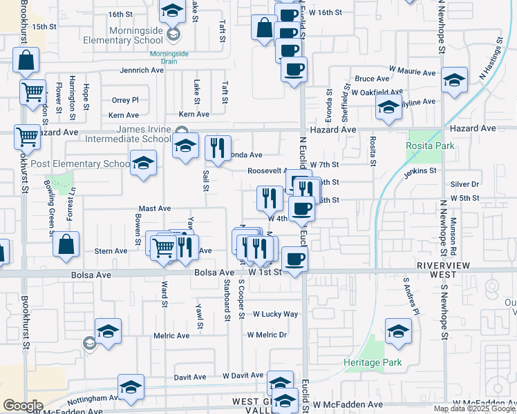 map of restaurants, bars, coffee shops, grocery stores, and more near 5418 West 5th Street in Santa Ana