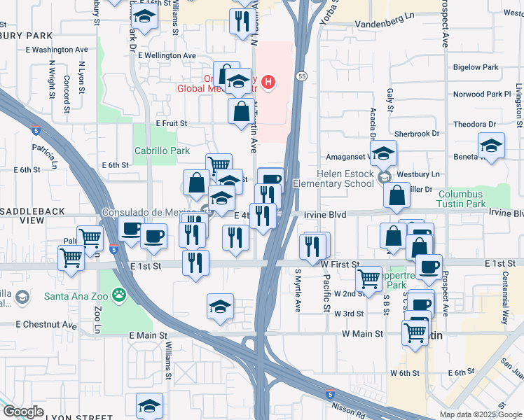 map of restaurants, bars, coffee shops, grocery stores, and more near 401 North Tustin Avenue in Santa Ana