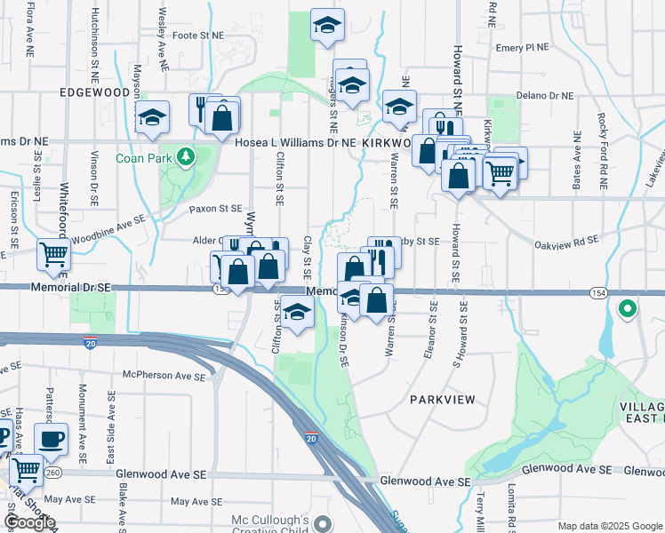map of restaurants, bars, coffee shops, grocery stores, and more near 1800 Memorial Drive Southeast in Atlanta