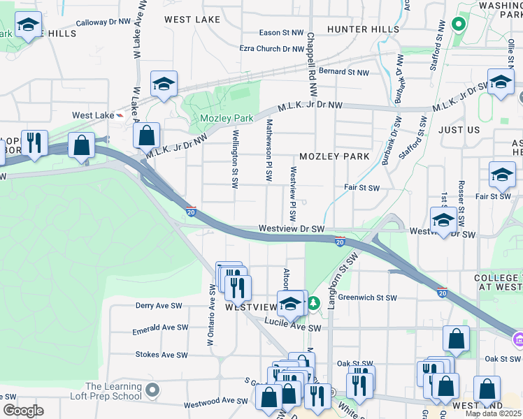 map of restaurants, bars, coffee shops, grocery stores, and more near 245 Mathewson Place Southwest in Atlanta