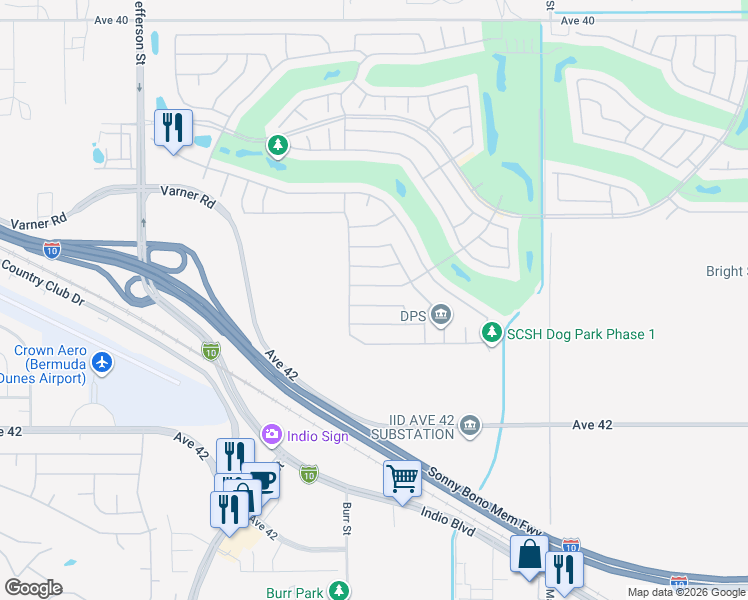 map of restaurants, bars, coffee shops, grocery stores, and more near 80572 Avenida San Fernando in Indio