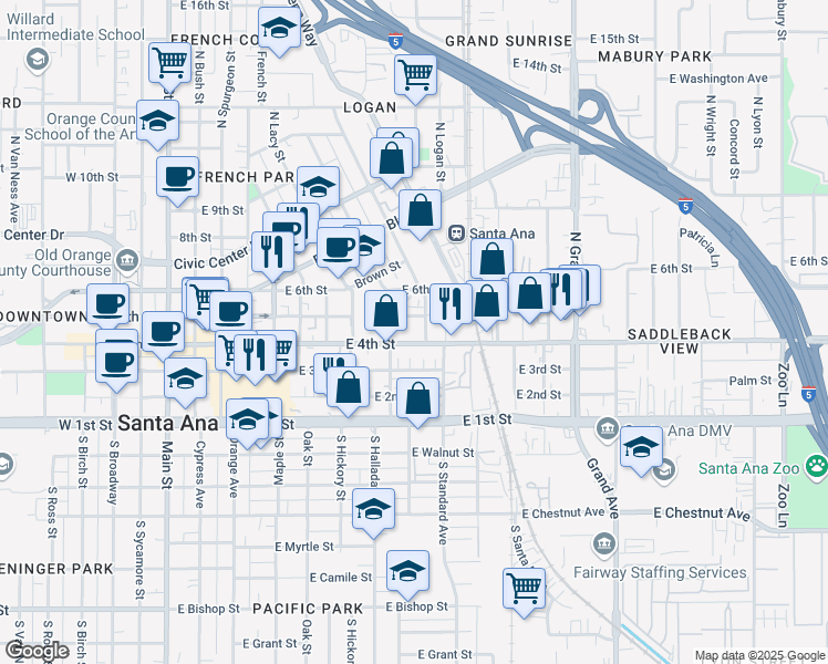 map of restaurants, bars, coffee shops, grocery stores, and more near 21 Poinsettia Street North in Santa Ana